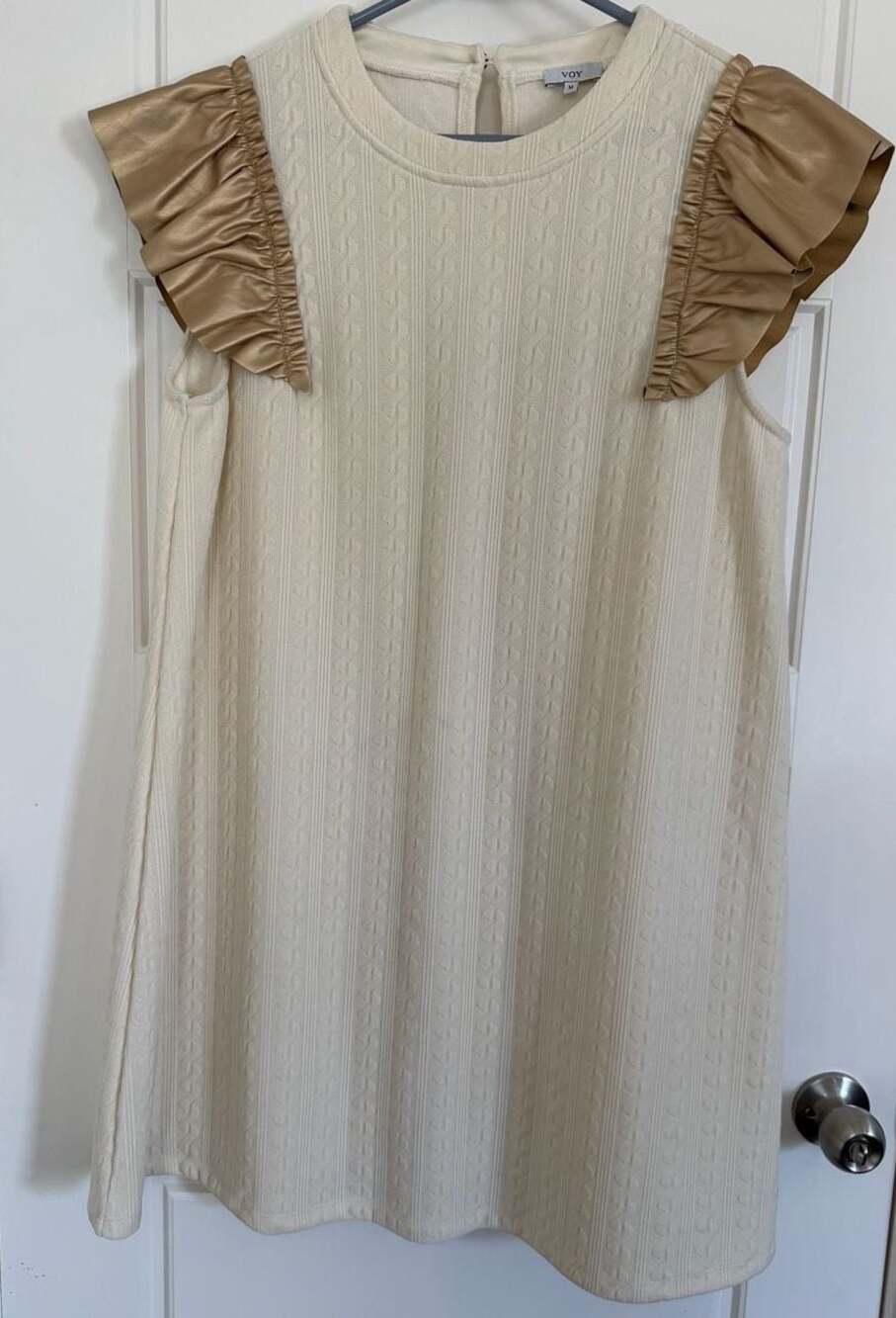 VOY Cream Cable Knit Mini Dress with Gold Faux Leather Ruffle Sleeves Size M